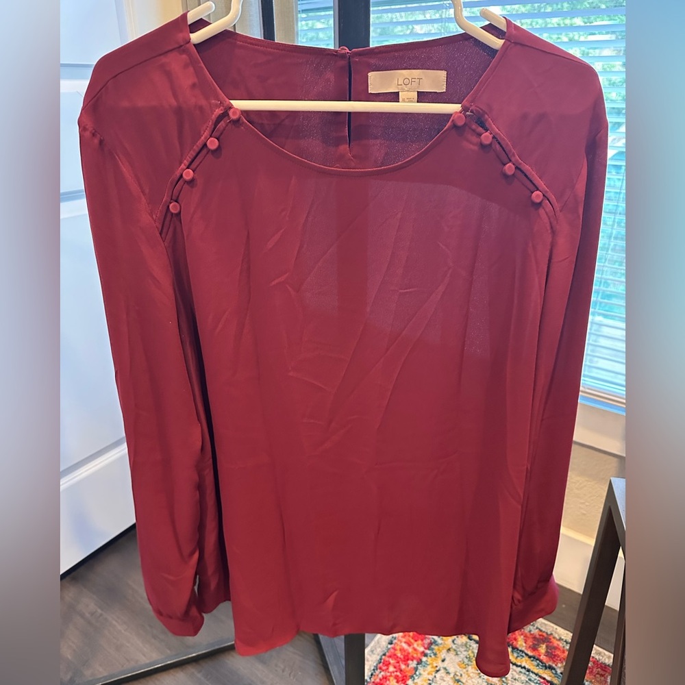 LOFT Wine-Red Long Sleeve Blouse with Shoulder Button Trim